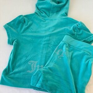 Juicy Couture Velour Tracksuit Set Teal Blue Rhinestone Hoodie Shorts large new